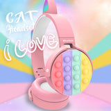 Fidget Headphones Kids Toy Headset, Wireless Bluetooth Headphone Pop Bubble On-Ear Headphone Fidget Toy Rainbow Color Fidget Headset for Children Adults (Pink-Cat)