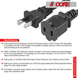5 Core AC Power Cord 15 Ft US Polarized Male to Female 2 Prong Extension Adapter Cords 16AWG 125V 1/2/12 Pc - EXC BLK 15FT