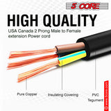5 Core AC Power Cord 15 Ft US Polarized Male to Female 2 Prong Extension Adapter Cords 16AWG 125V 1/2/12 Pc - EXC BLK 15FT