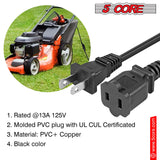 5 Core AC Power Cord 15 Ft US Polarized Male to Female 2 Prong Extension Adapter Cords 16AWG 125V 1/2/12 Pc - EXC BLK 15FT