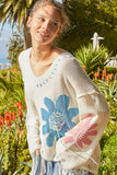 POL Distressed Flower V-Neck Dropped Shoulder Knit Top